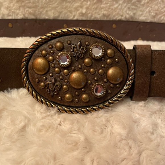 Brown Faux Leather Belt With Studs, Rhinestones, & Fleur-de-lis Studs 37”-41” XL - Picture 1 of 8